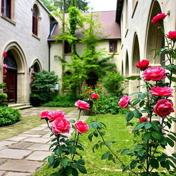 A serene courtyard of a convent adorned with blooming roses