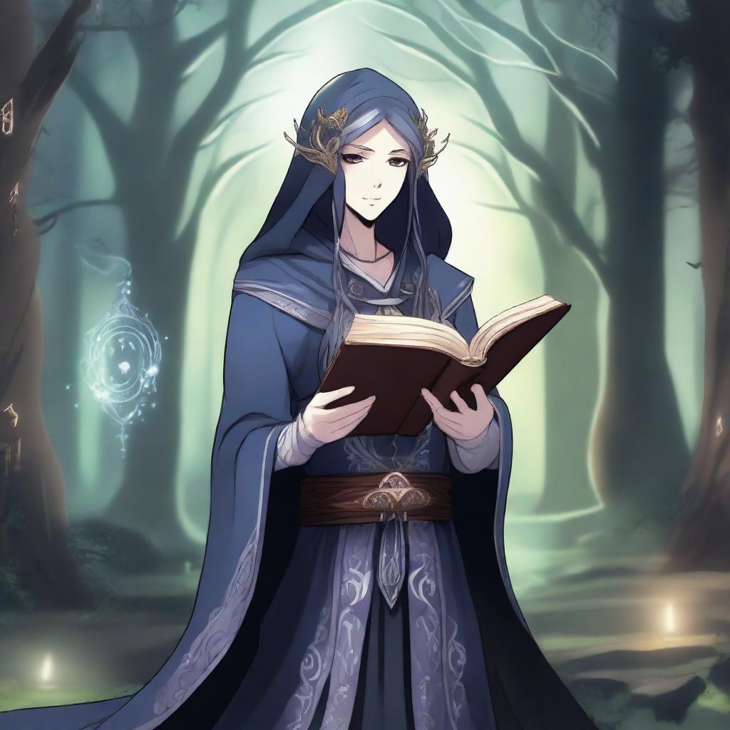 An anime-style depiction of a dark elven character holding a magic book