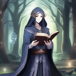 An anime-style depiction of a dark elven character holding a magic book