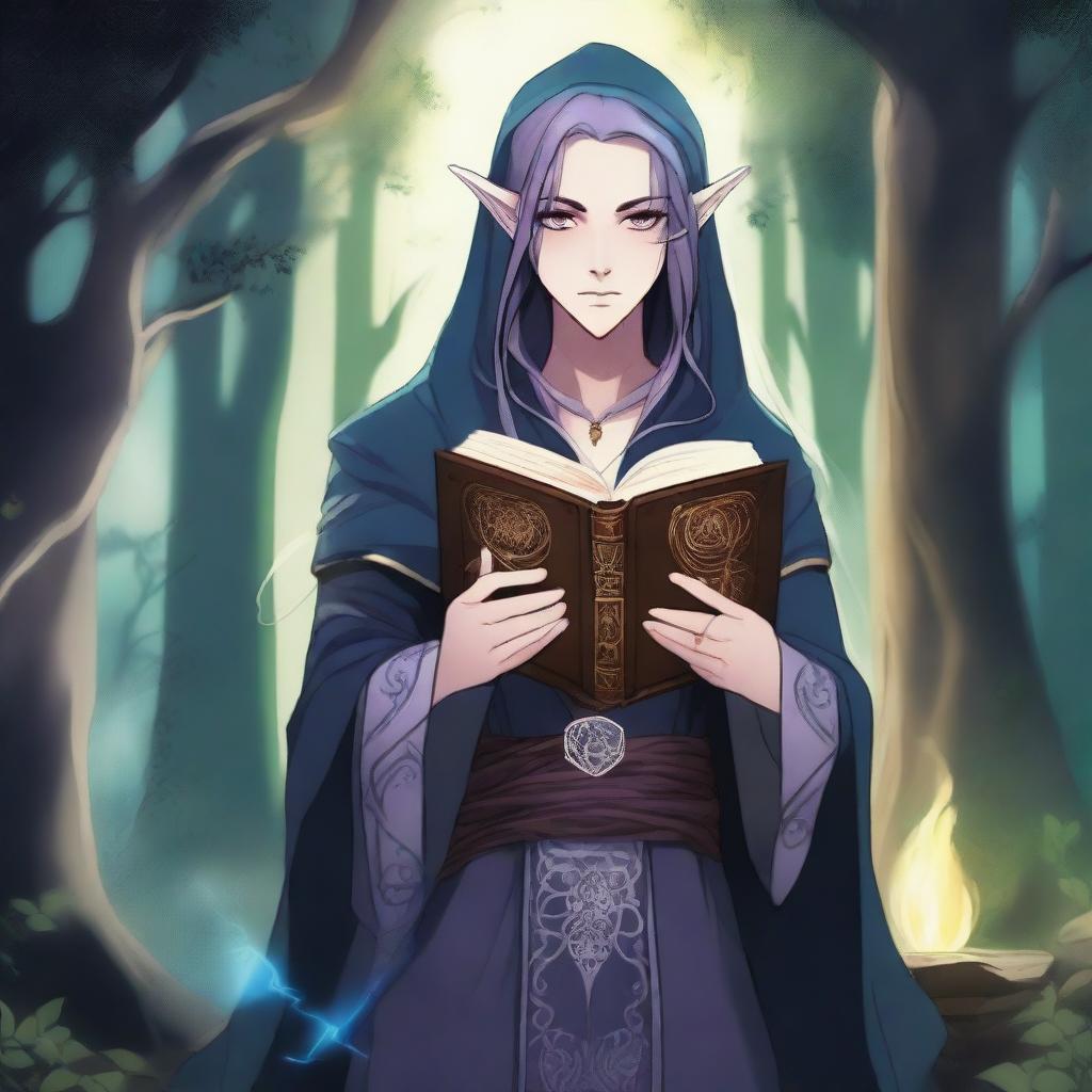 An anime-style depiction of a dark elven character holding a magic book