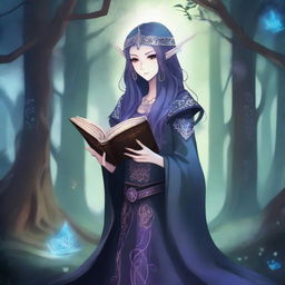 An anime-style depiction of a dark elven character holding a magic book