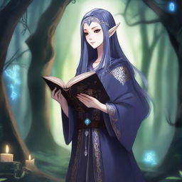 An anime-style depiction of a dark elven character holding a magic book