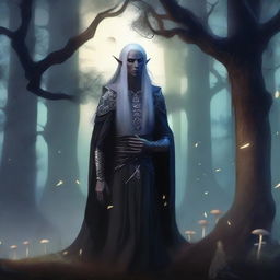 A dark elf standing in a mystical forest, surrounded by glowing mushrooms and ancient trees