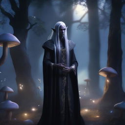 A dark elf standing in a mystical forest, surrounded by glowing mushrooms and ancient trees