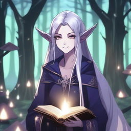 A female dark elf in anime style, holding a glowing magic book