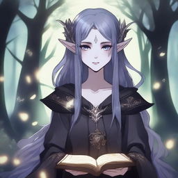 A female dark elf in anime style, holding a glowing magic book