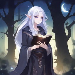 A female dark elf in anime style, holding a glowing magic book