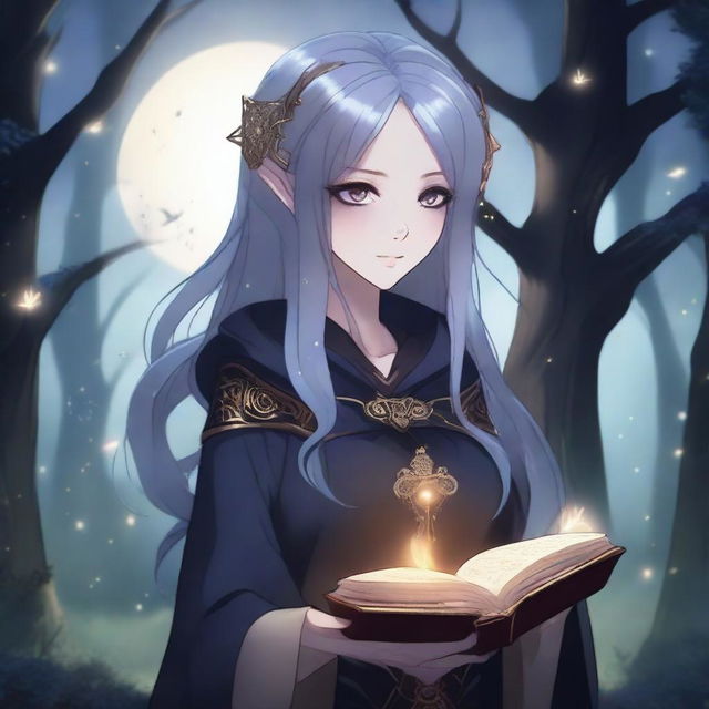 A female dark elf in anime style, holding a glowing magic book