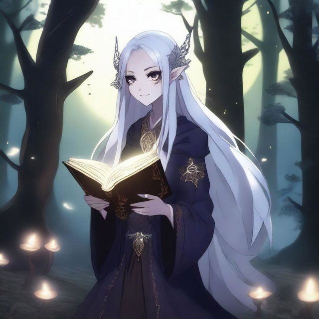 A female dark elf in anime style, holding a glowing magic book