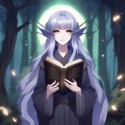 A female dark elf in anime style, holding a glowing magic book