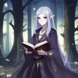 A female dark elf in anime style, holding a glowing magic book