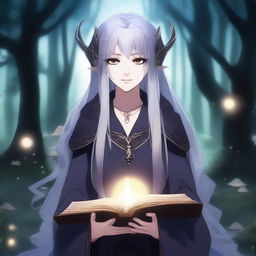 A female dark elf in anime style, holding a glowing magic book