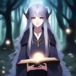 A female dark elf in anime style, holding a glowing magic book