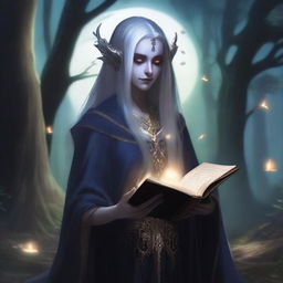 A female dark elf holding a glowing magic book