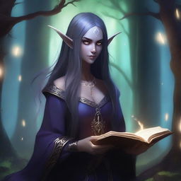 A female dark elf holding a glowing magic book