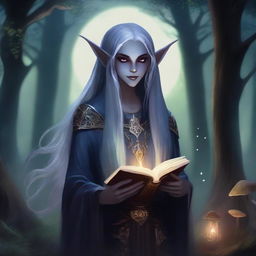 A female dark elf holding a glowing magic book