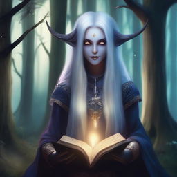 A female dark elf holding a glowing magic book