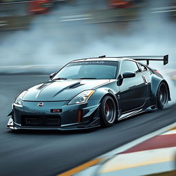 A detailed image of a Nissan 350Z with a drift bodykit