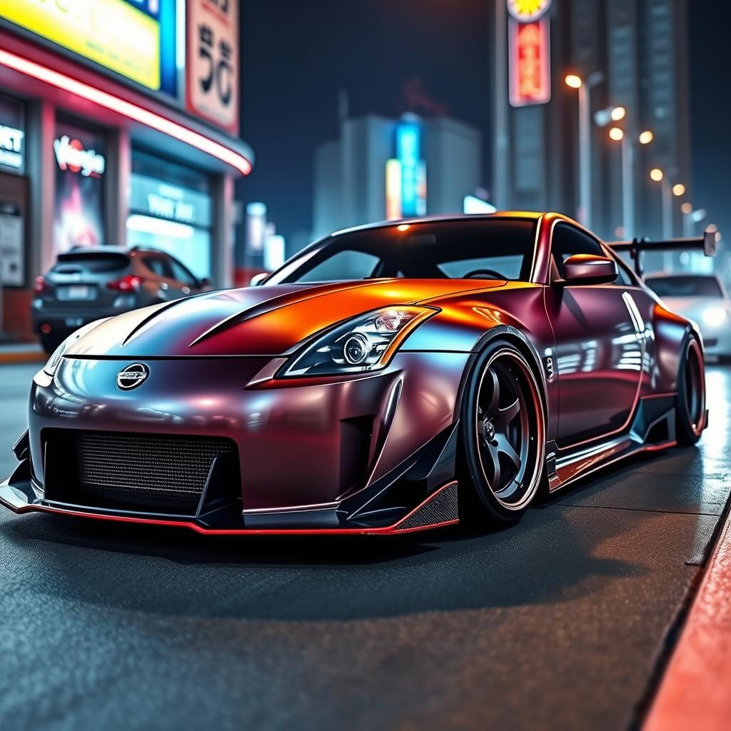 A detailed image of a Nissan 350Z with an aggressive bodykit