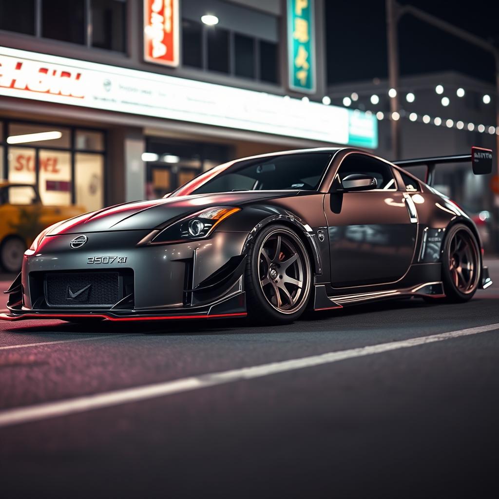 A detailed image of a Nissan 350Z with an aggressive bodykit