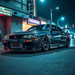 A detailed image of a Nissan GTR R32 with an aggressive bodykit