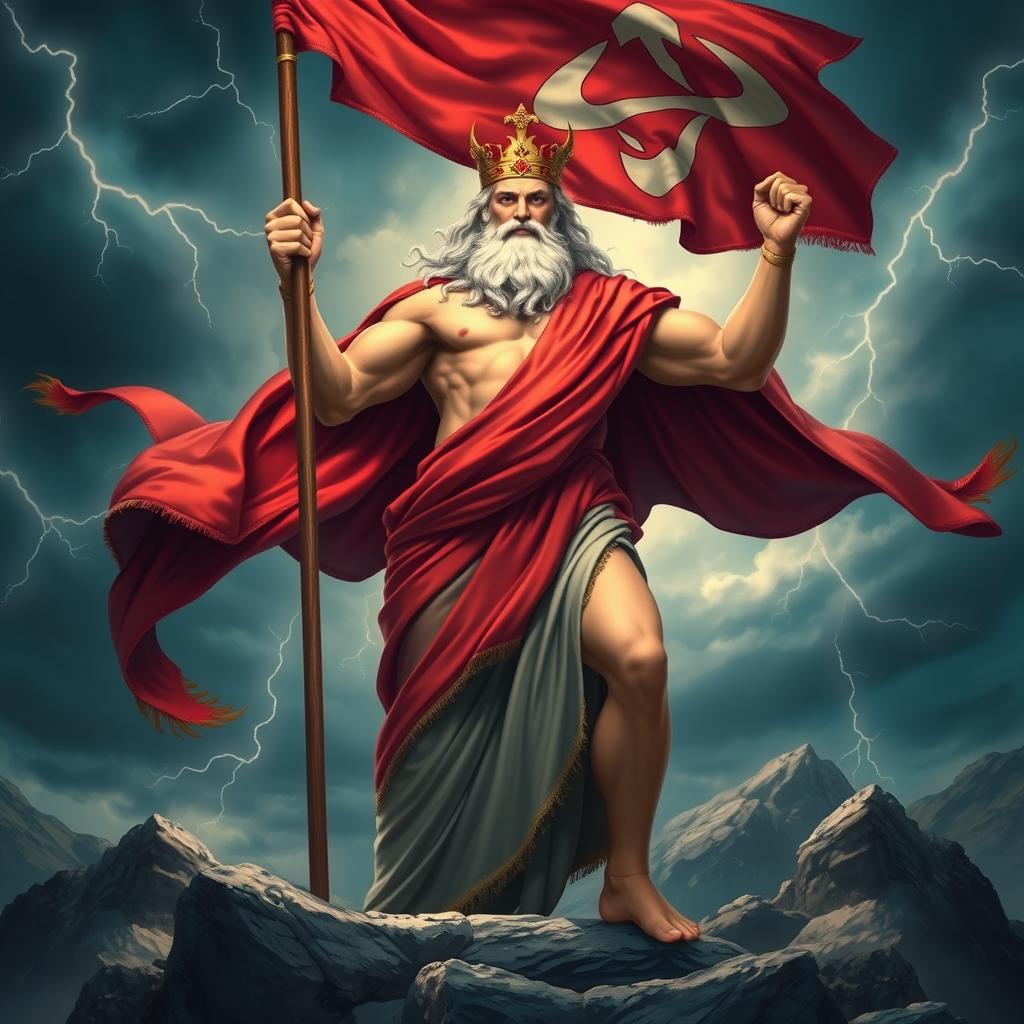 A majestic depiction of Zeus, the king of the gods, wearing a red cape and holding a dramatic flag