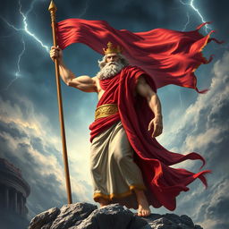 A majestic depiction of Zeus, the king of the gods, wearing a red cape and holding a dramatic flag