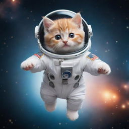 A cute kitten flying in outer space, wearing a tiny, detailed astronaut suit