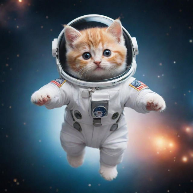 A cute kitten flying in outer space, wearing a tiny, detailed astronaut suit