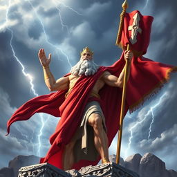 A majestic depiction of Zeus, the king of the gods, wearing a red cape and holding a dramatic flag