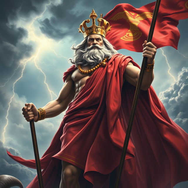 A majestic depiction of Zeus, the king of the gods, wearing a red cape and holding a dramatic flag