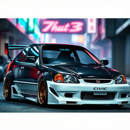 A detailed image of a Honda Civic EG with an aggressive bodykit