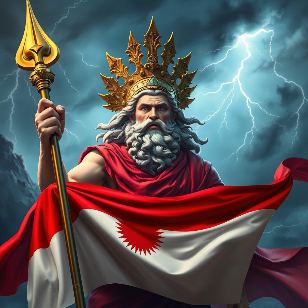 A majestic depiction of Zeus, the king of the gods, wearing a red cape and holding the flag of Indonesia