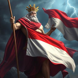 A majestic depiction of Zeus, the king of the gods, wearing a red cape and holding the flag of Indonesia