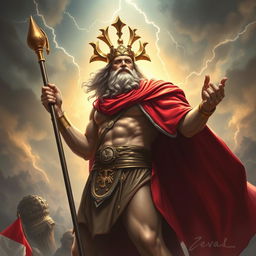 A majestic depiction of Zeus, the king of the gods, wearing a red cape and holding the flag of Indonesia