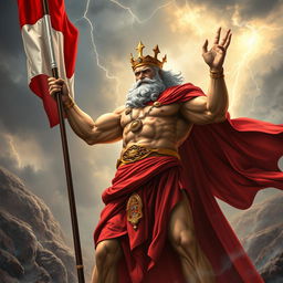 A majestic depiction of Zeus, the king of the gods, wearing a red cape and holding the flag of Indonesia