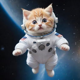 A cute kitten flying in outer space, wearing a tiny, detailed astronaut suit