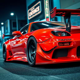 A detailed image of a Mazda RX-7 with an aggressive bodykit