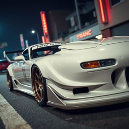 A detailed image of a Mazda RX-7 with an aggressive bodykit