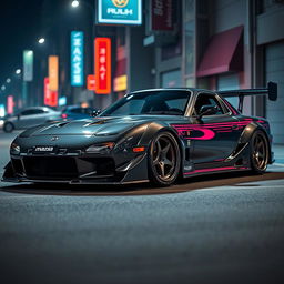 A detailed image of a Mazda RX-7 with an aggressive bodykit