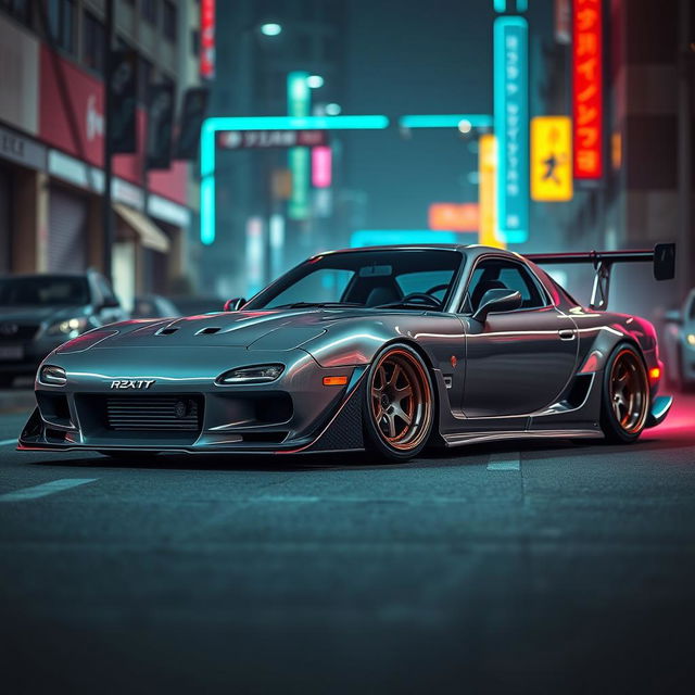 A detailed image of a Mazda RX-7 with an aggressive bodykit