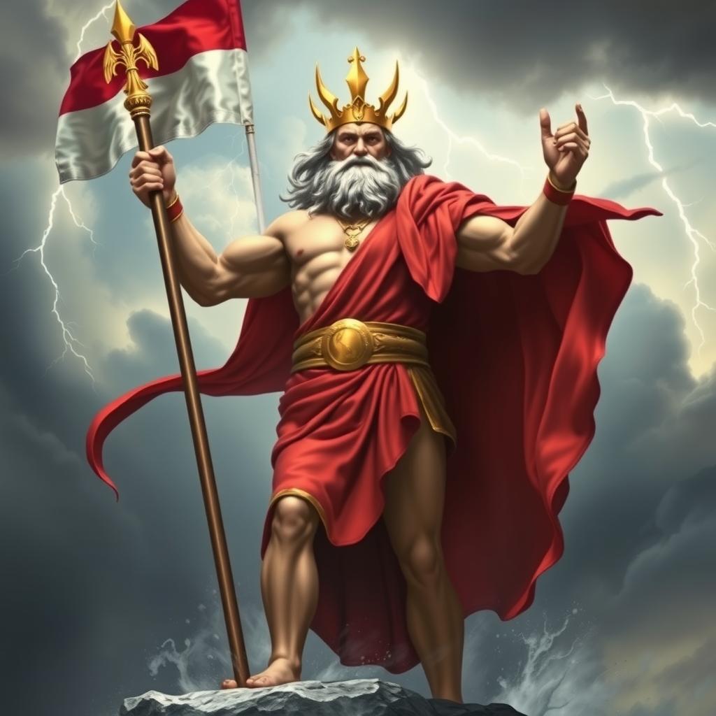 A majestic depiction of Zeus, the king of the gods, wearing a red cape and holding the flag of Indonesia