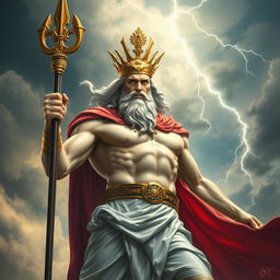 A majestic depiction of Zeus, the king of the gods, wearing a red cape and holding the flag of Indonesia