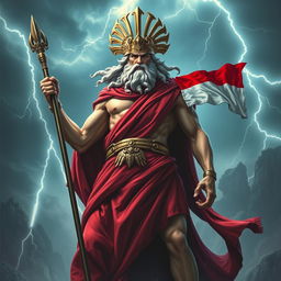 A majestic depiction of Zeus, the king of the gods, wearing a red cape and holding the flag of Indonesia