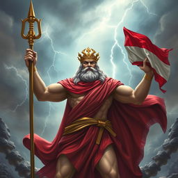 A majestic depiction of Zeus, the king of the gods, wearing a red cape and holding the flag of Indonesia