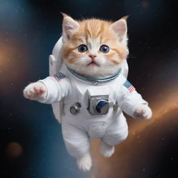 A cute kitten flying in outer space, wearing a tiny, detailed astronaut suit