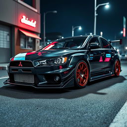 A detailed image of a Mitsubishi Lancer Evolution IX with an aggressive bodykit