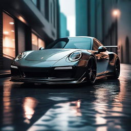 A detailed image of a Porsche 911 with an aggressive carbon fiber bodykit