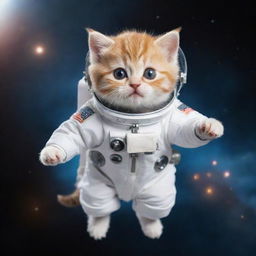 A cute kitten flying in outer space, wearing a tiny, detailed astronaut suit