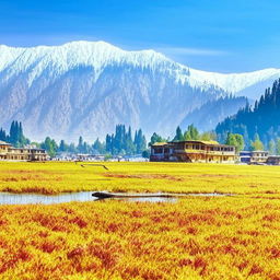 Beautiful Kashmiri scenery with vibrant saffron fields, snow-capped mountains, serene Dal Lake with shikaras, and traditional wooden houses, in an overall tranquil setting